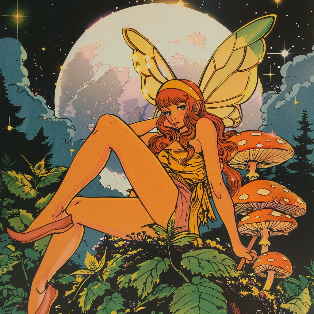 Weed fairy on mushroom moon