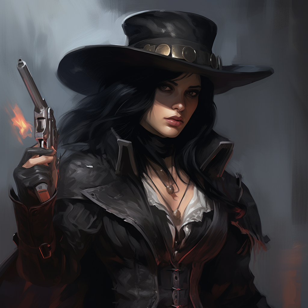 Female witch hunter with hat, pistol, and black hair