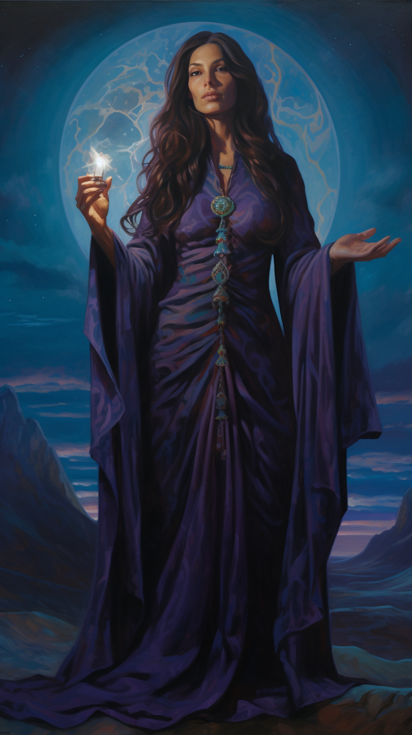 Female wizard in purple robe with long hair