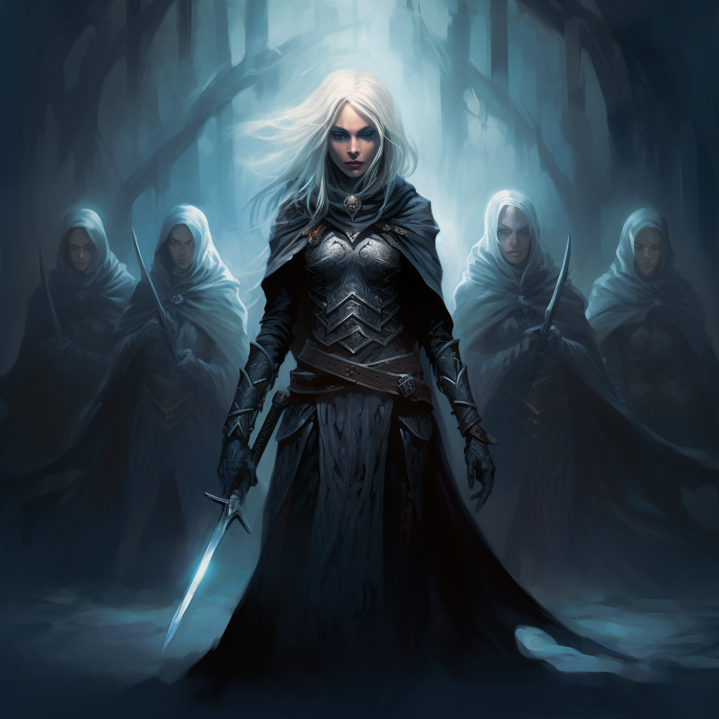 Powerful female wizard with her loyal drow fighters