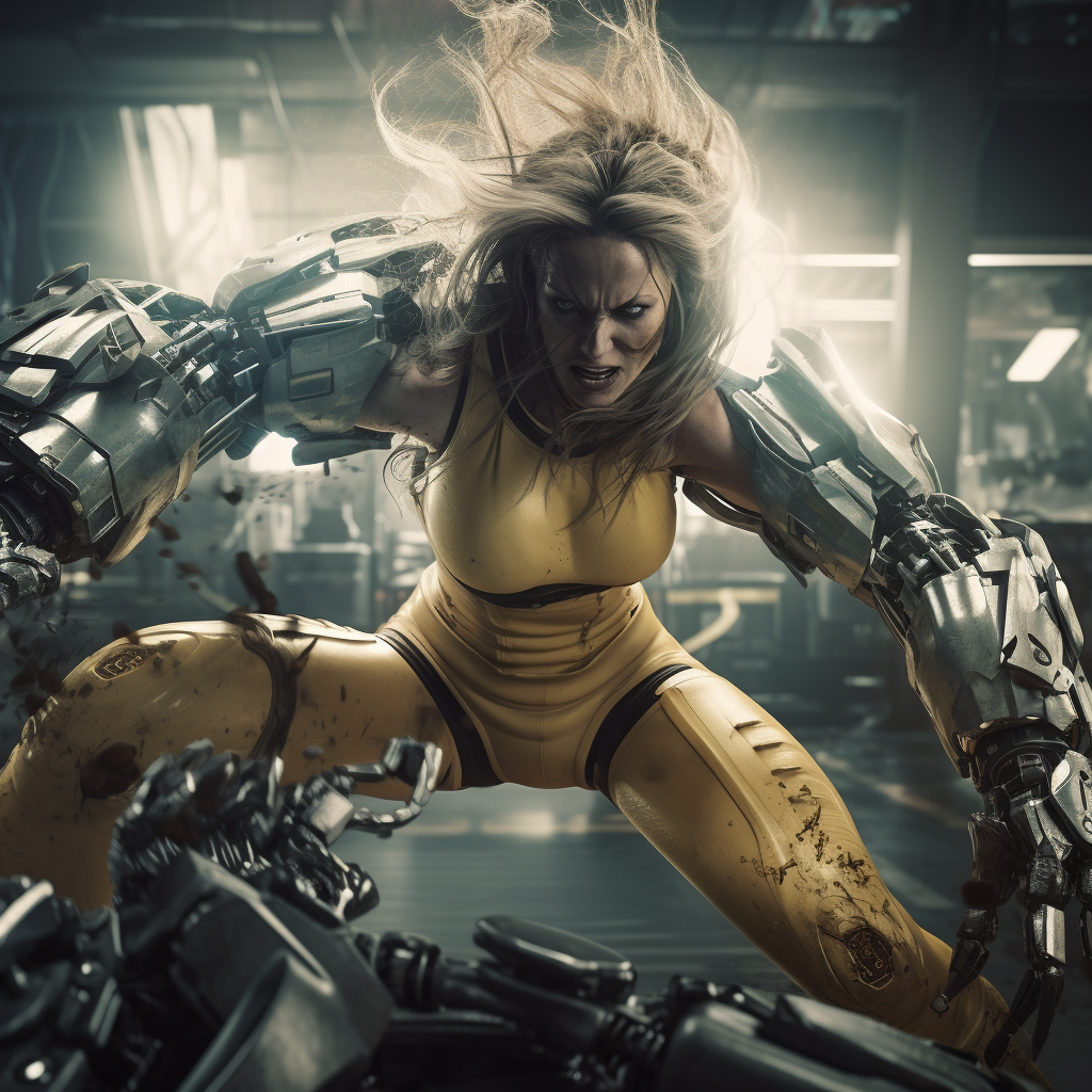 Female Wolverine Fighting Robots Action Shot