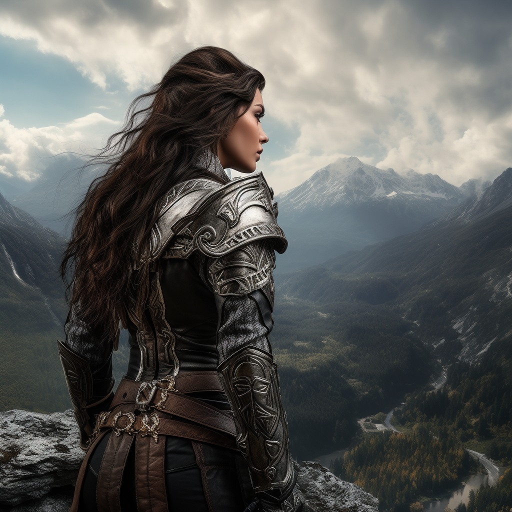 Female warrior in leather armor on Skyrim mountain