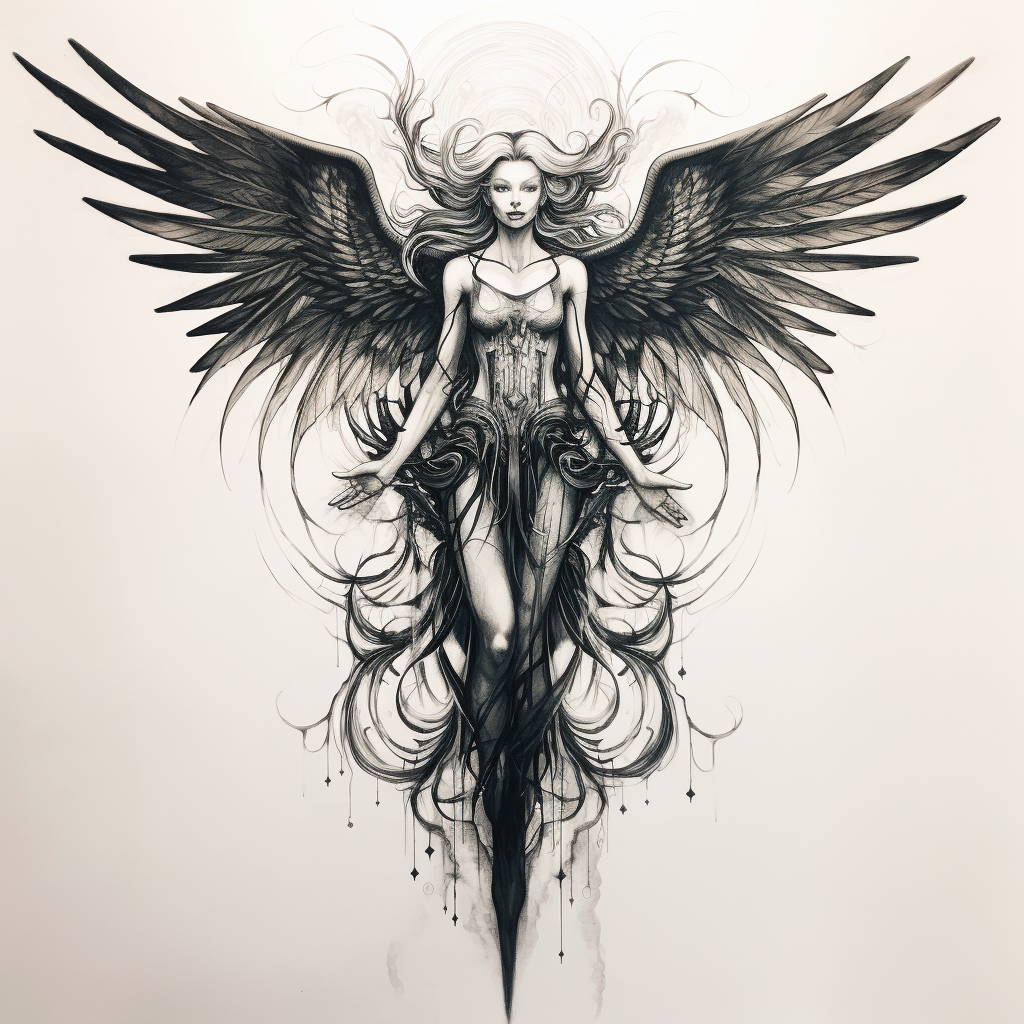 Black-winged Female Angel with a Satanic Look