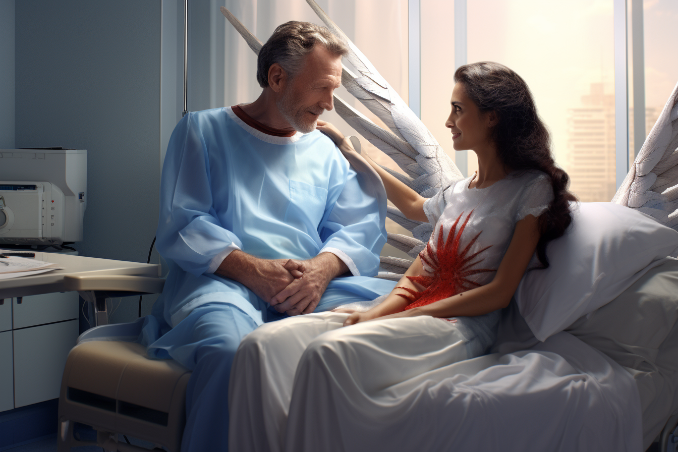 Female angel comforting a hospitalized man