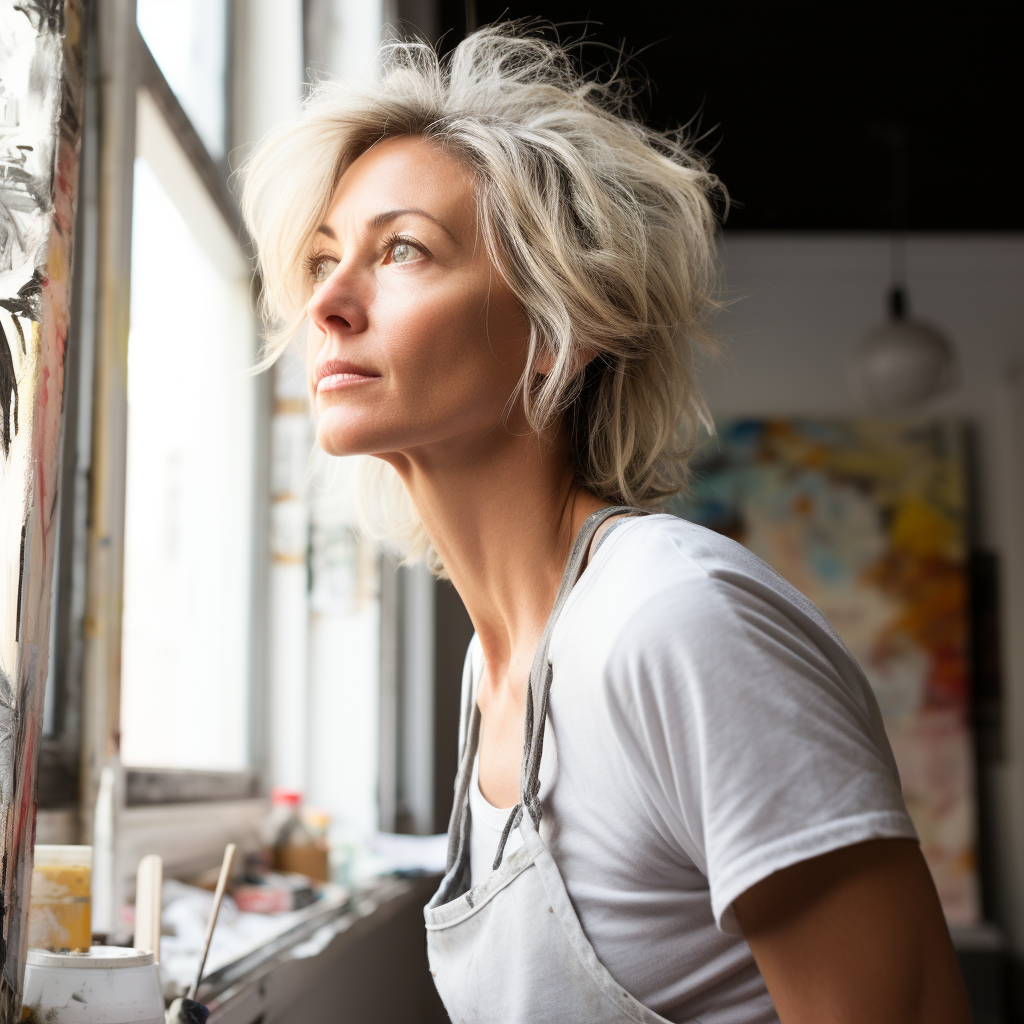 45-year-old female artist looking at canvas