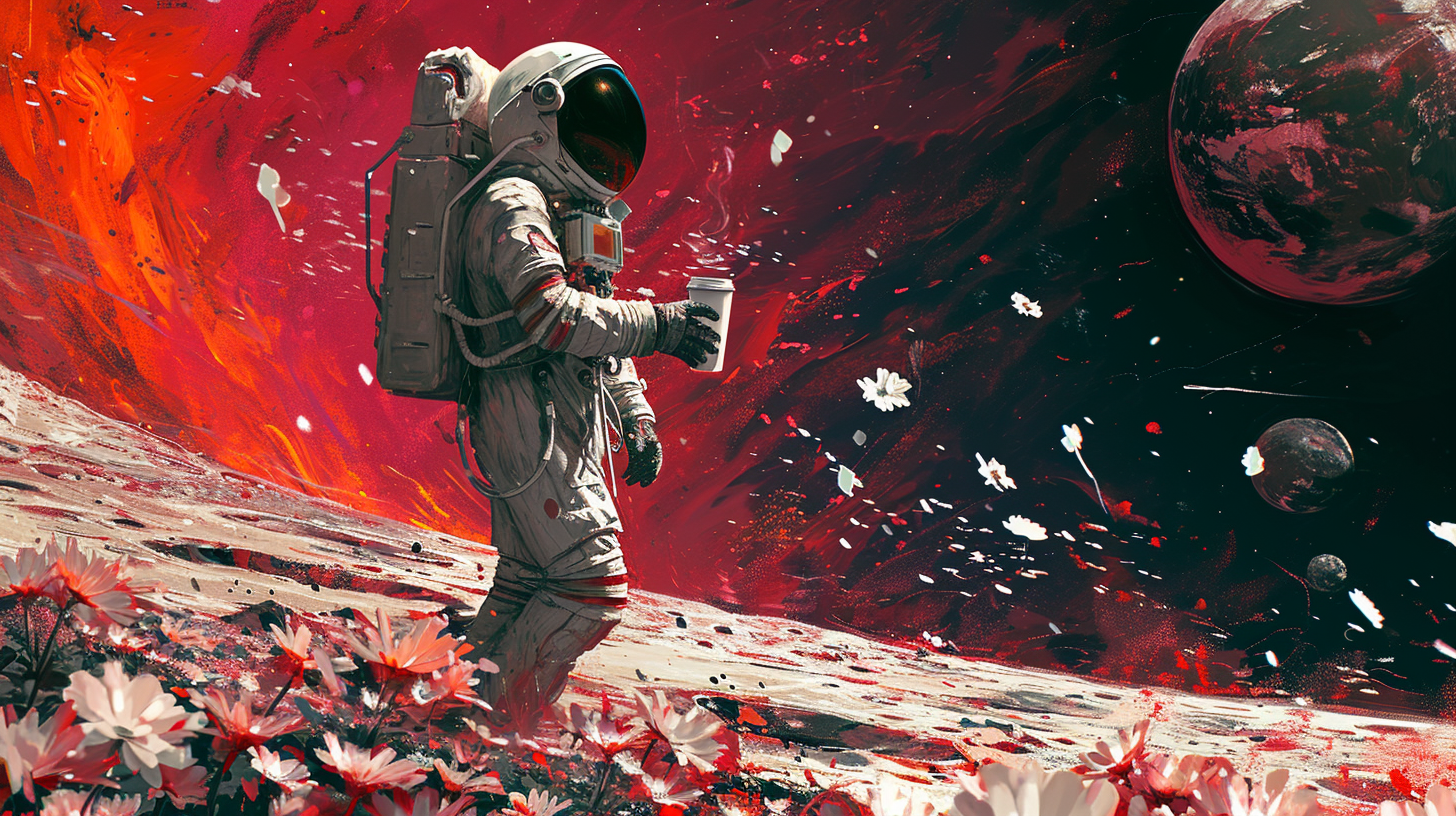 Female astronaut on the moon with coffee and falling arrows