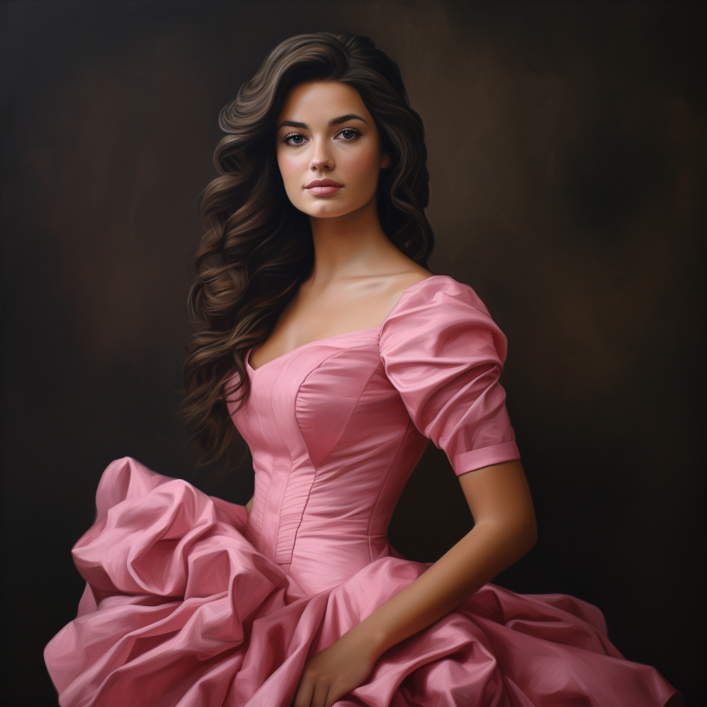 Female with flowing brunette hair in pink peplum dress