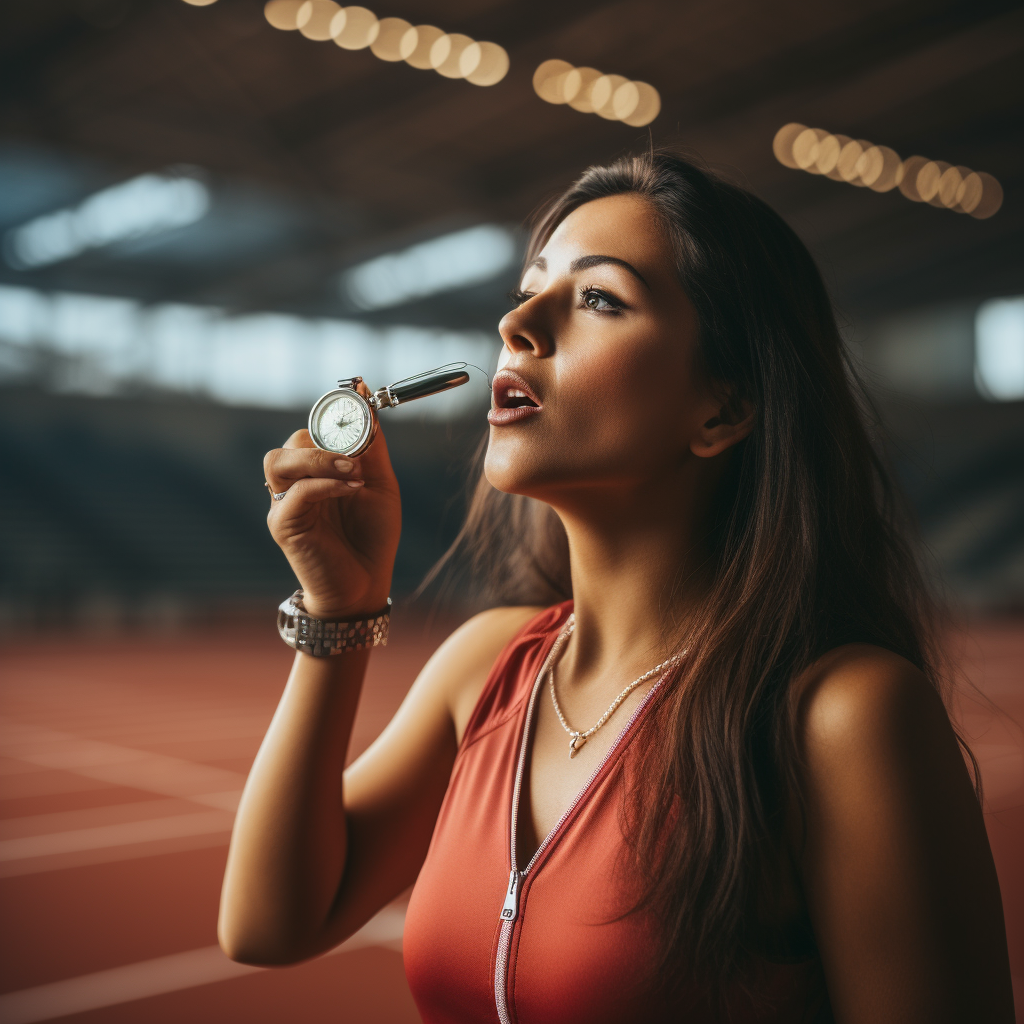 Female coach blowing whistle with stopwatch