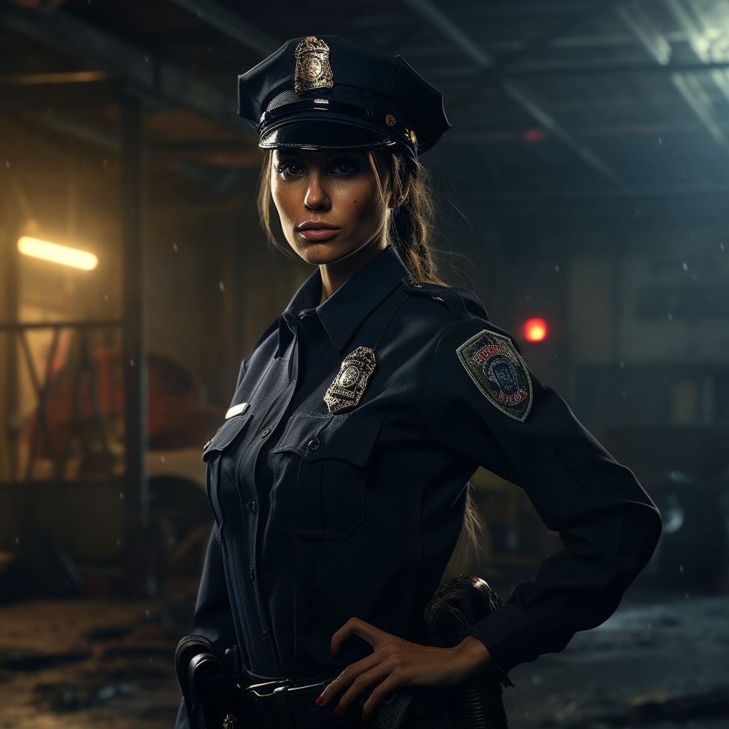 Fearful female cop in abandoned warehouse at night