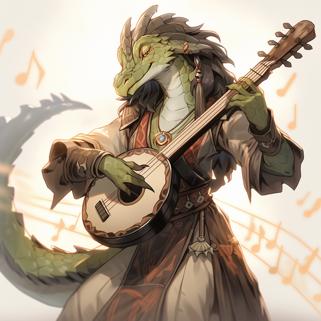 Female Dragonborn Bard playing the lute