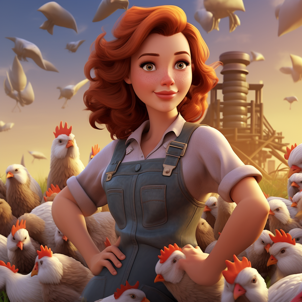 Female farmer with red hair surrounded by chickens and ducks