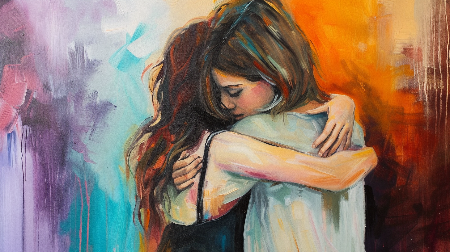 Female friends hugging in oil painting