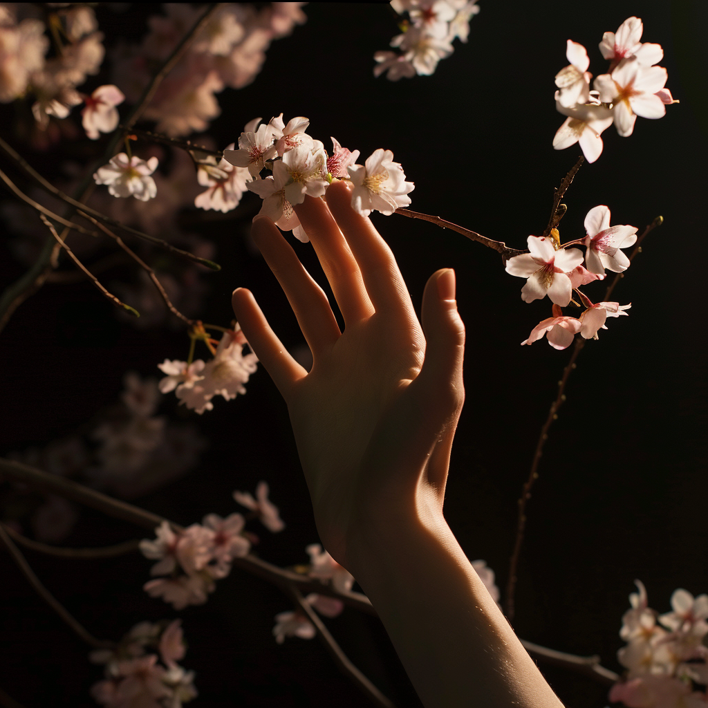 Female hand with cherry blossoms