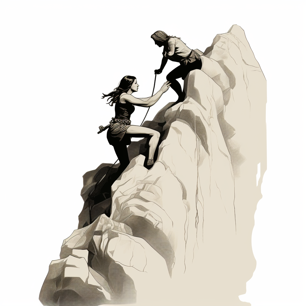 Female helping male climb rock