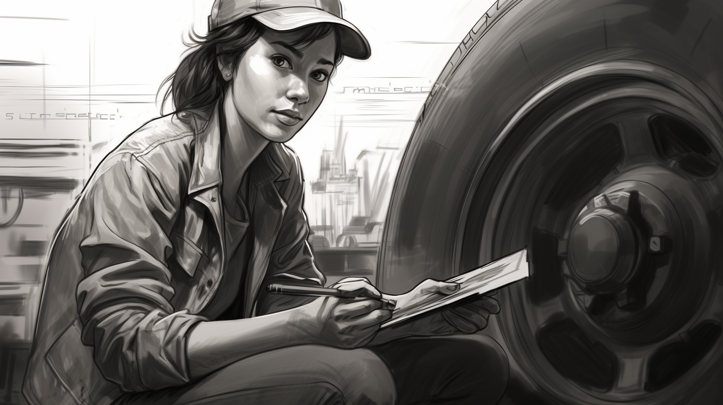 Female mechanic inspecting metal for errors