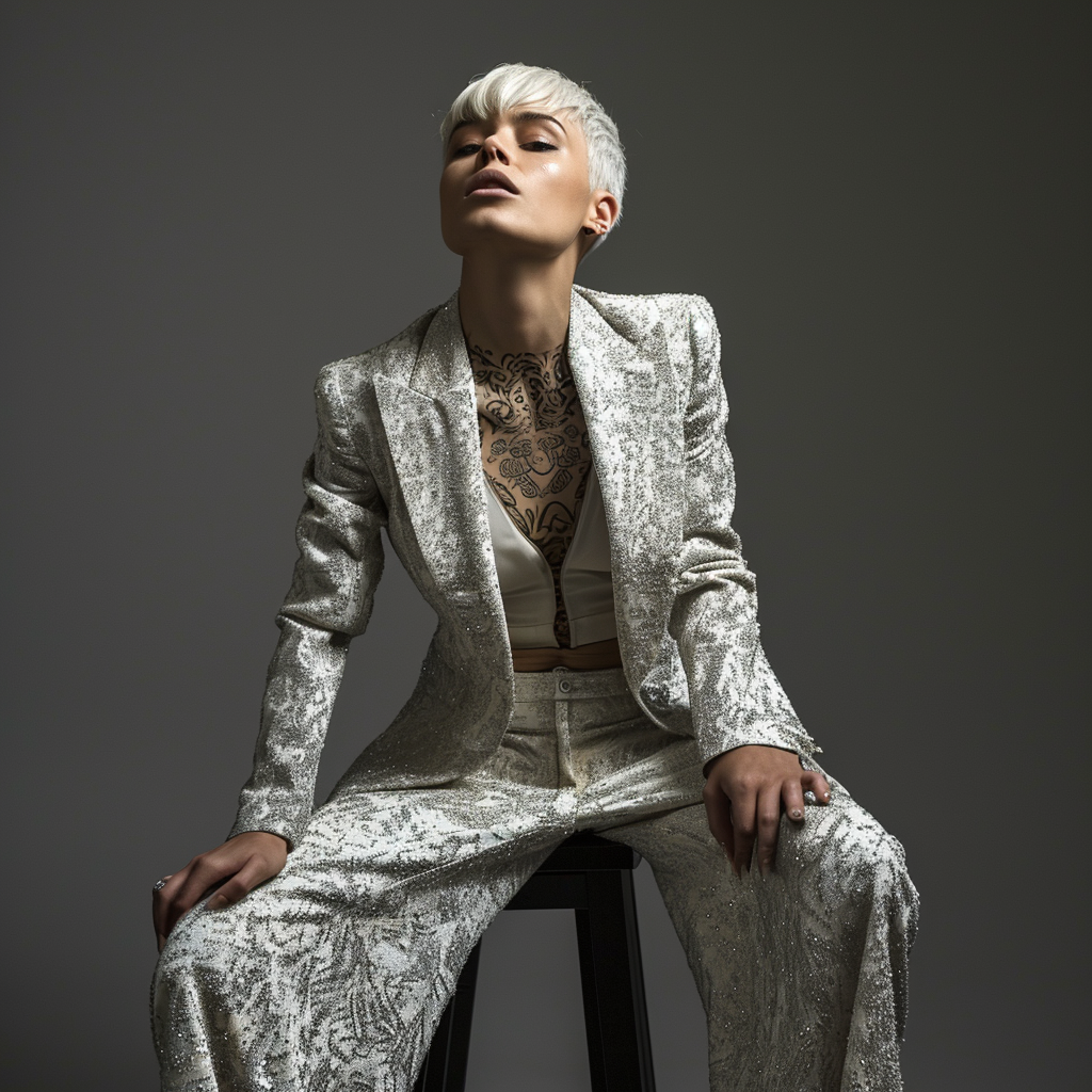 Fashionable model in gray suit with crystals