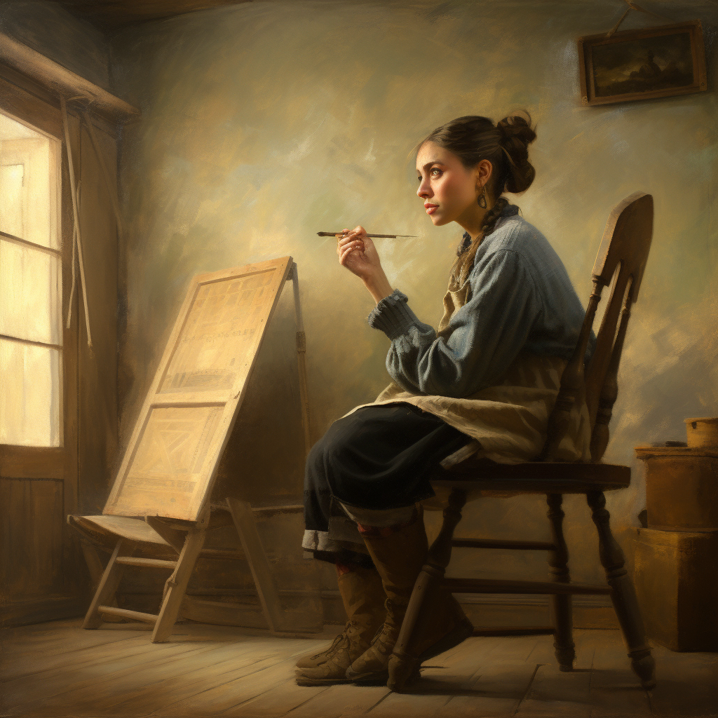 Novice female model painting with artist