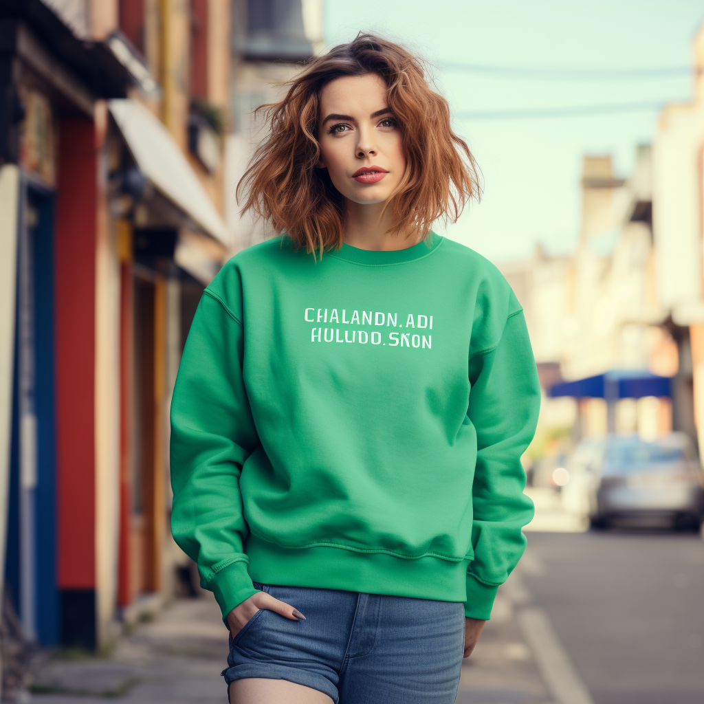 Adult female model posing in Irish green sweatshirt