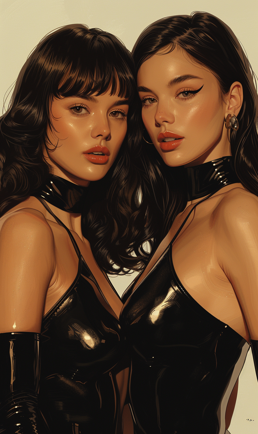 Two female models in black latex bodysuits