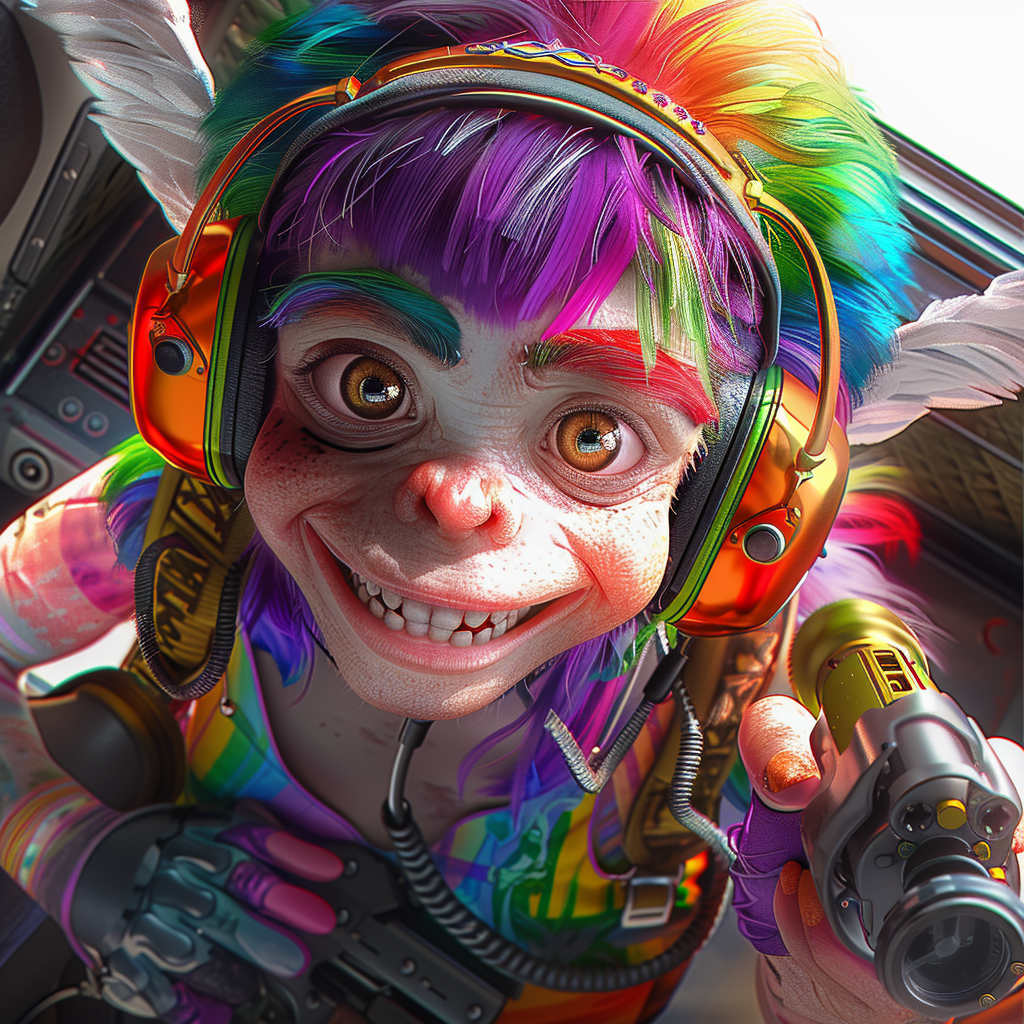 Female monkey with rainbow hair holding sniper rifle