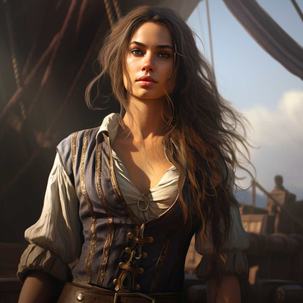 Holding Her Sword, Female Pirate Sailing on Realistic Sloop