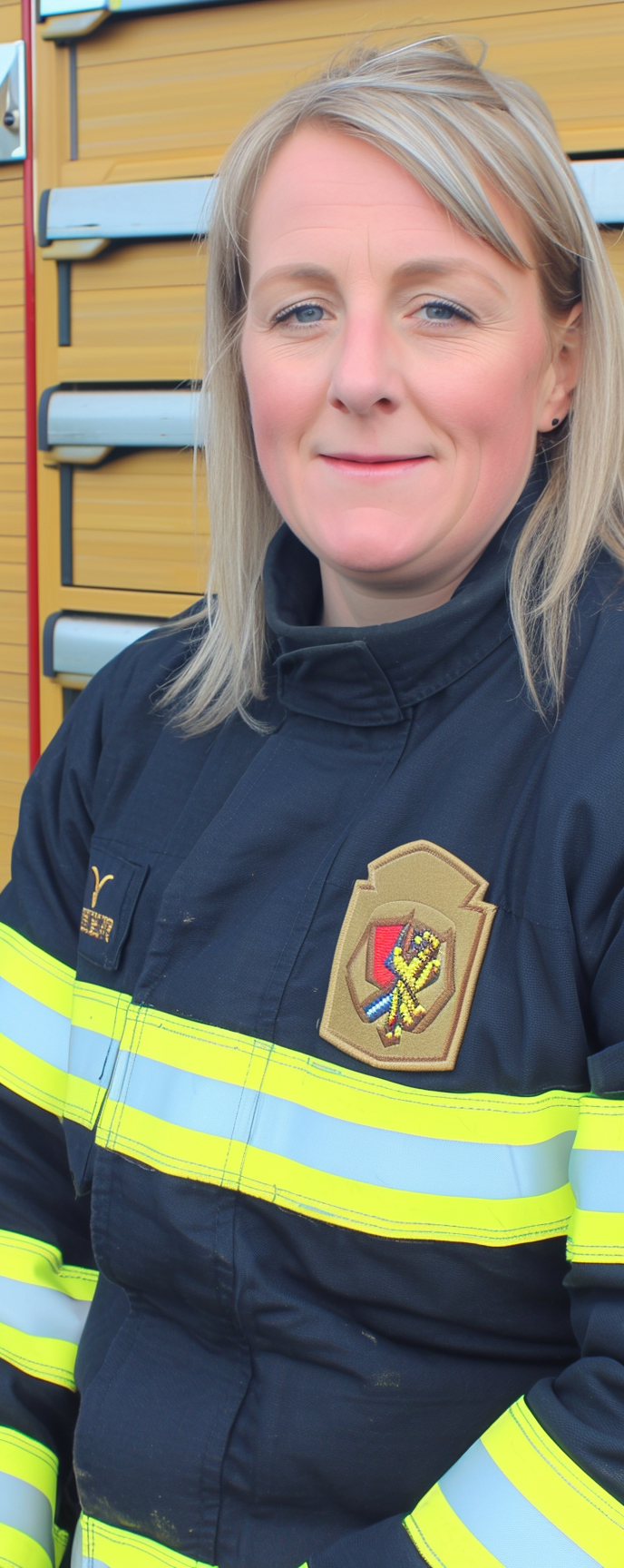 Female rescue service sitting in front of fire department