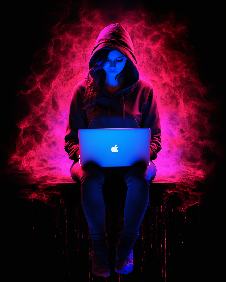 Neon female silhouette in tight clothing on laptop