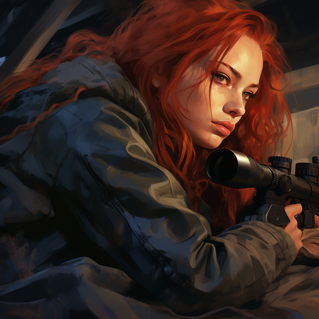 Powerful female sniper with vibrant red hair