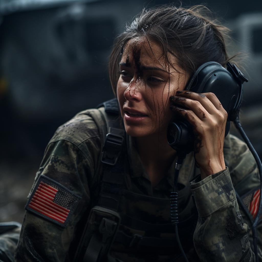 Female soldier in tears on phone