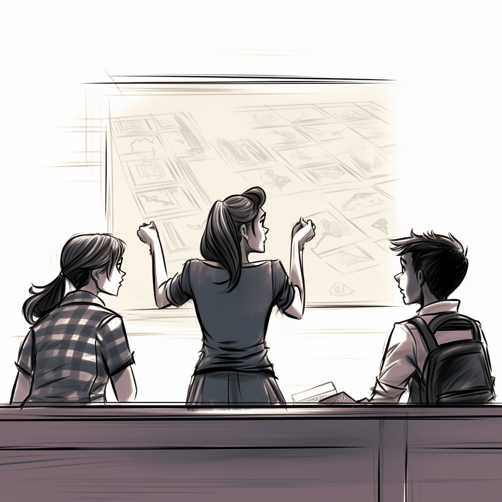 Sketch of female teacher and students