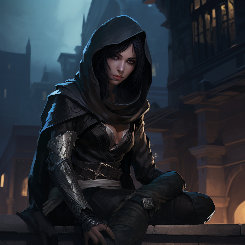 Dark-clad female thief perched on building