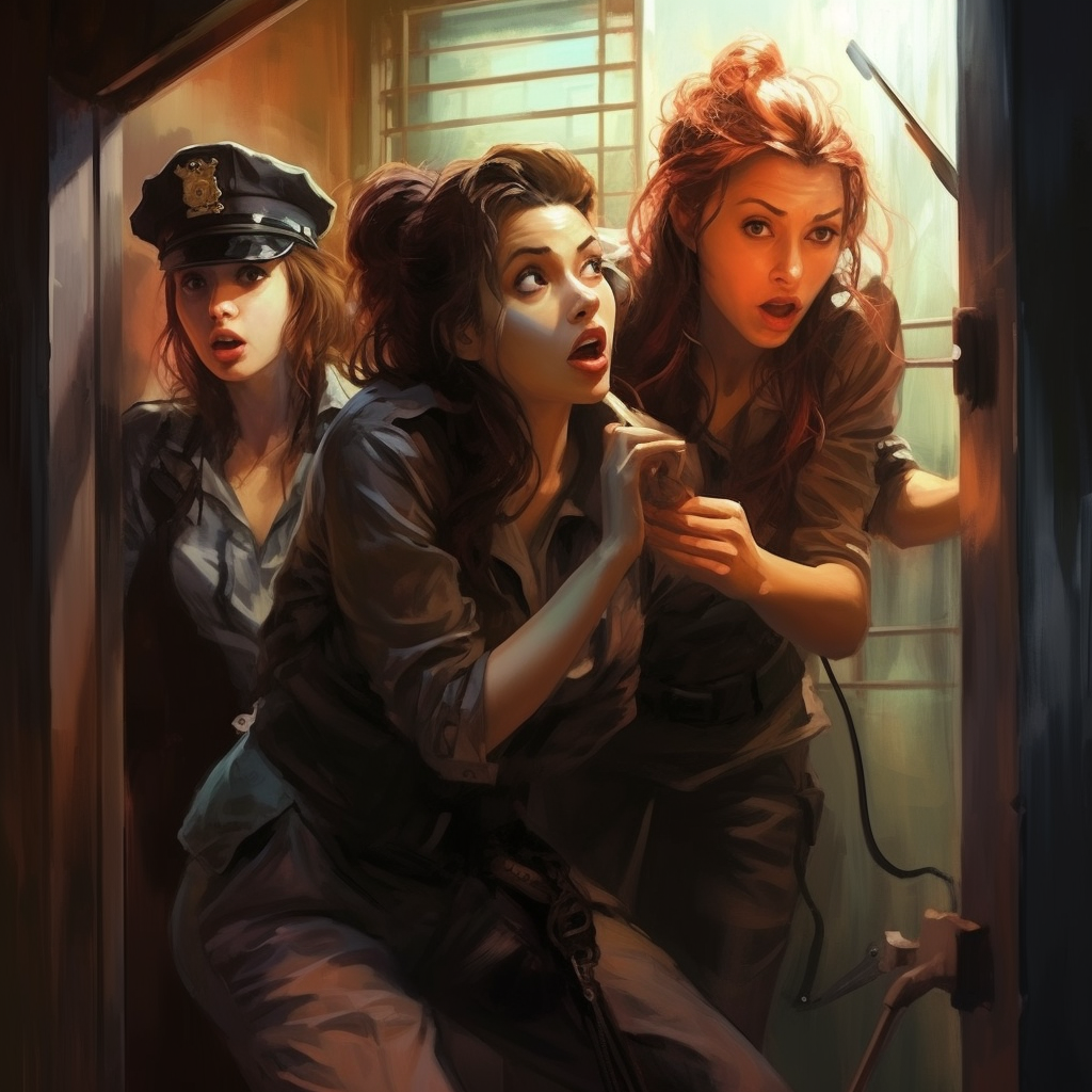 Illustration of female thieves being caught by policewoman