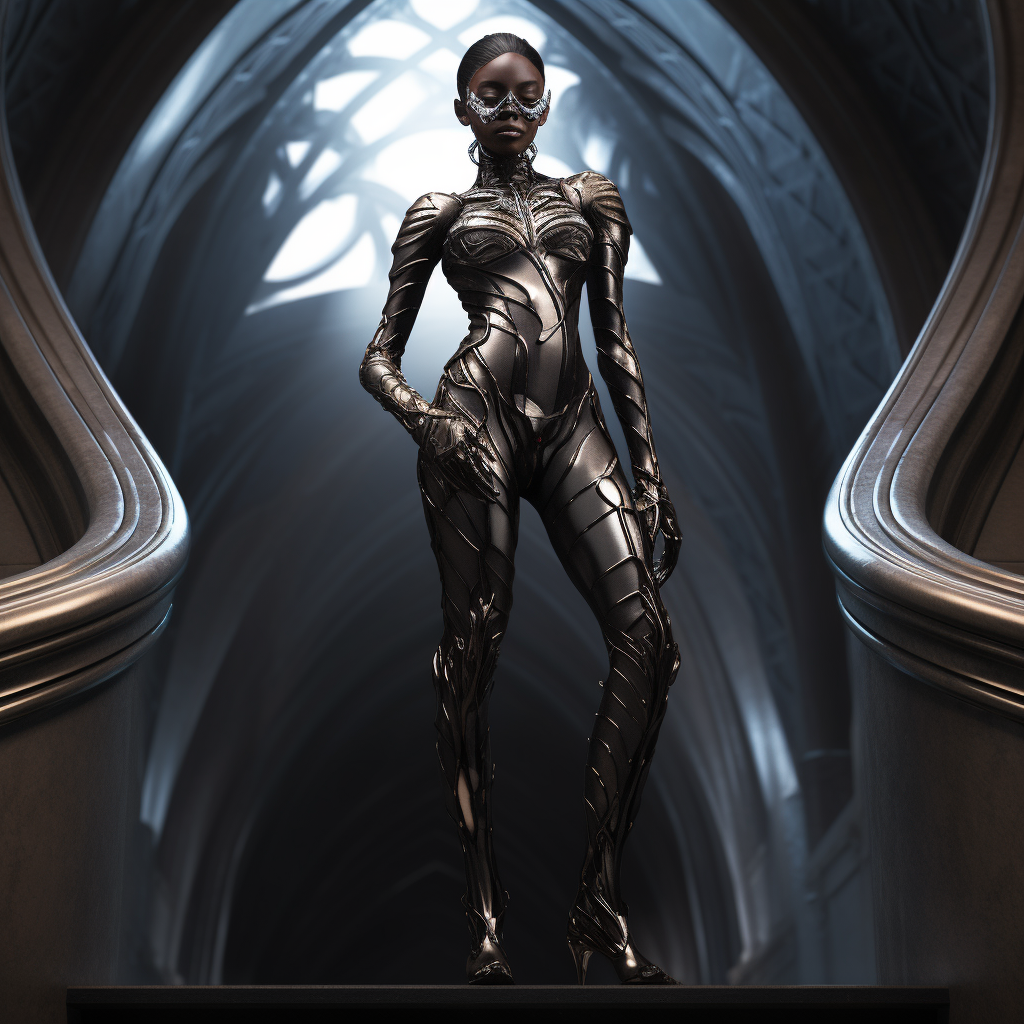 Feminine alien in black and silver clothing