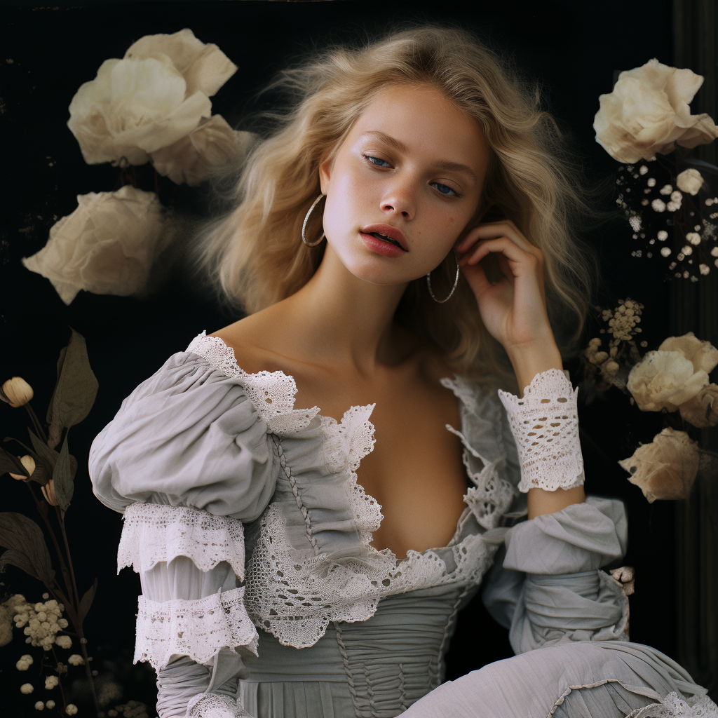 Beautiful blonde model showcasing feminine lace and ruffles