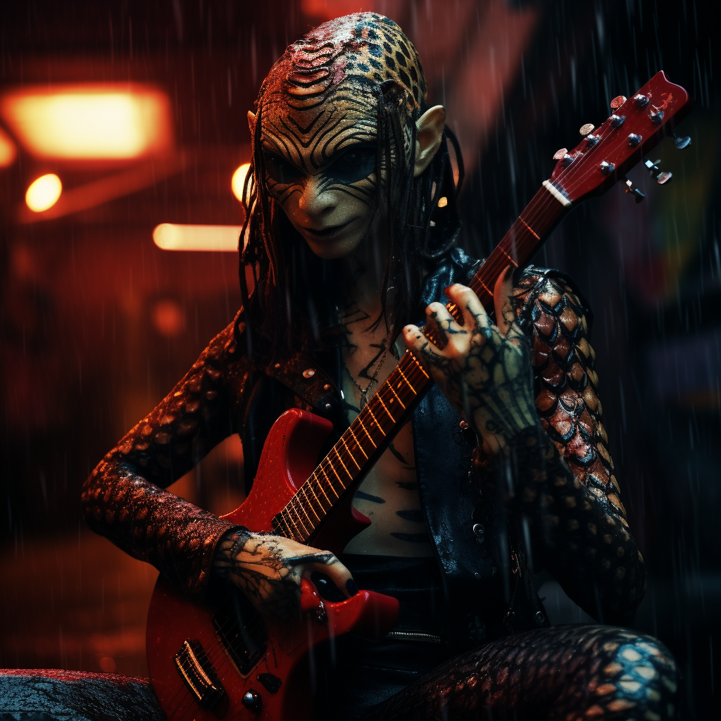 Feminine Snake Head with Scaly Skin and Guitar