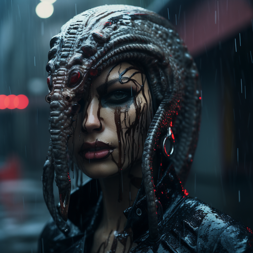 Feminine snake head with serpent eyes in cyberpunk rain