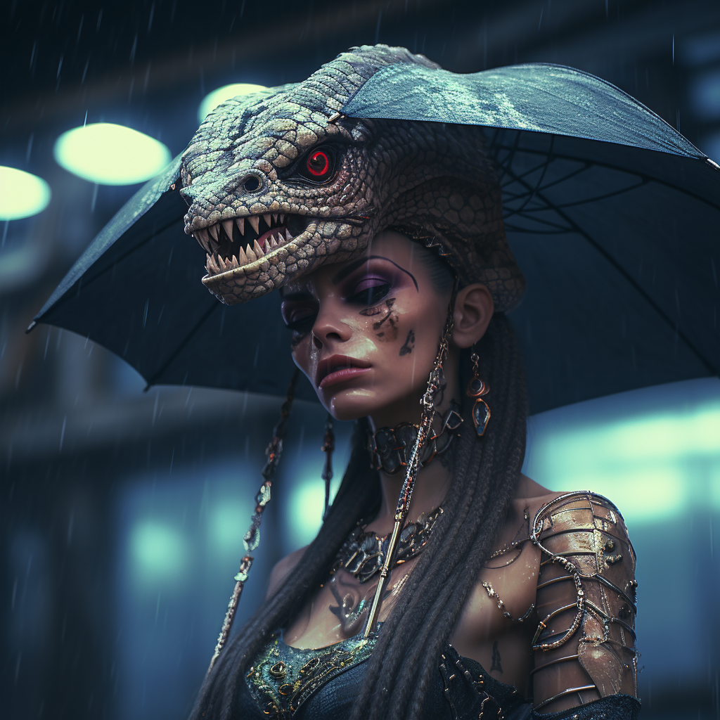 Feminine snake head in gritty cyberpunk rain