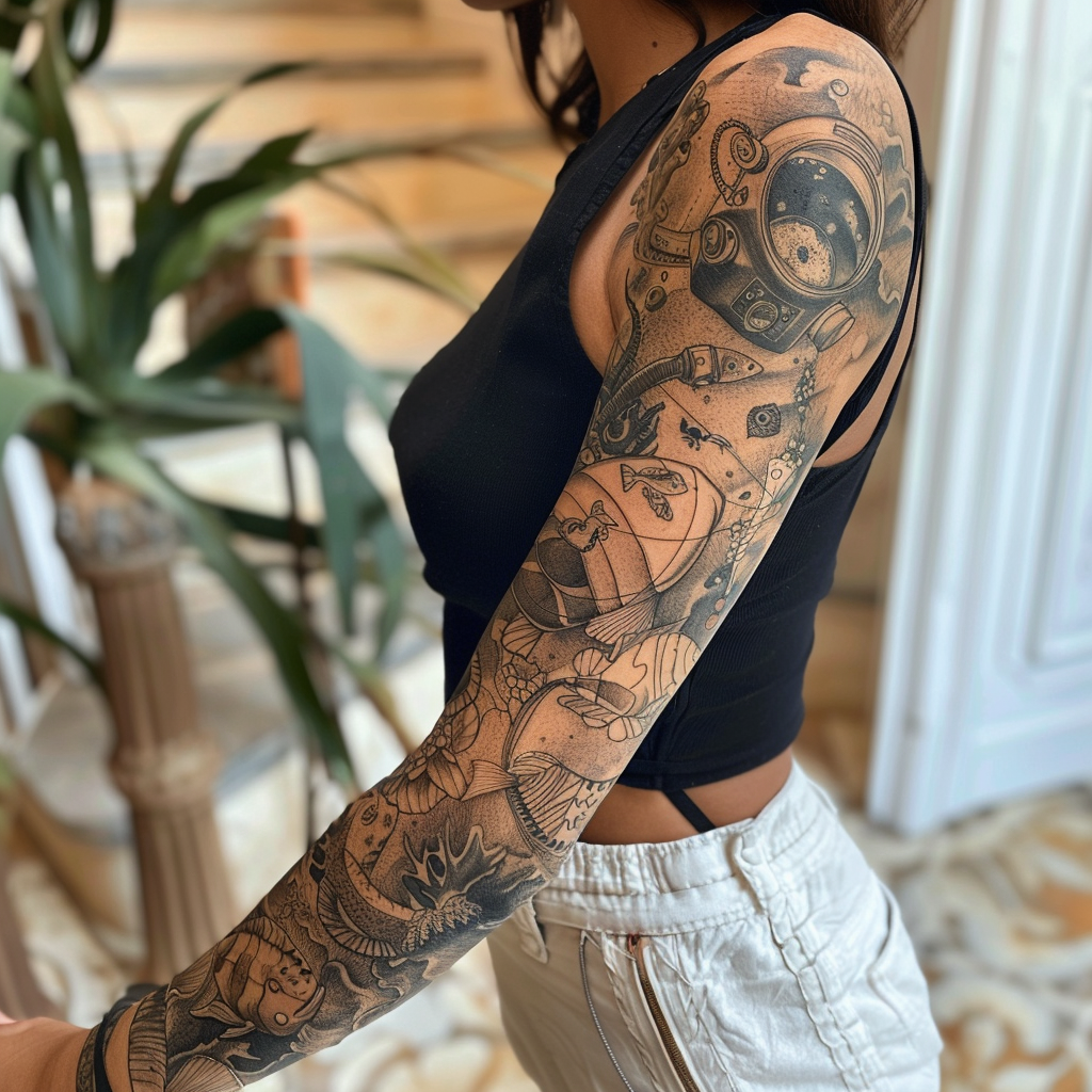 Sleeve Tattoo with Diver and Tropical Fish