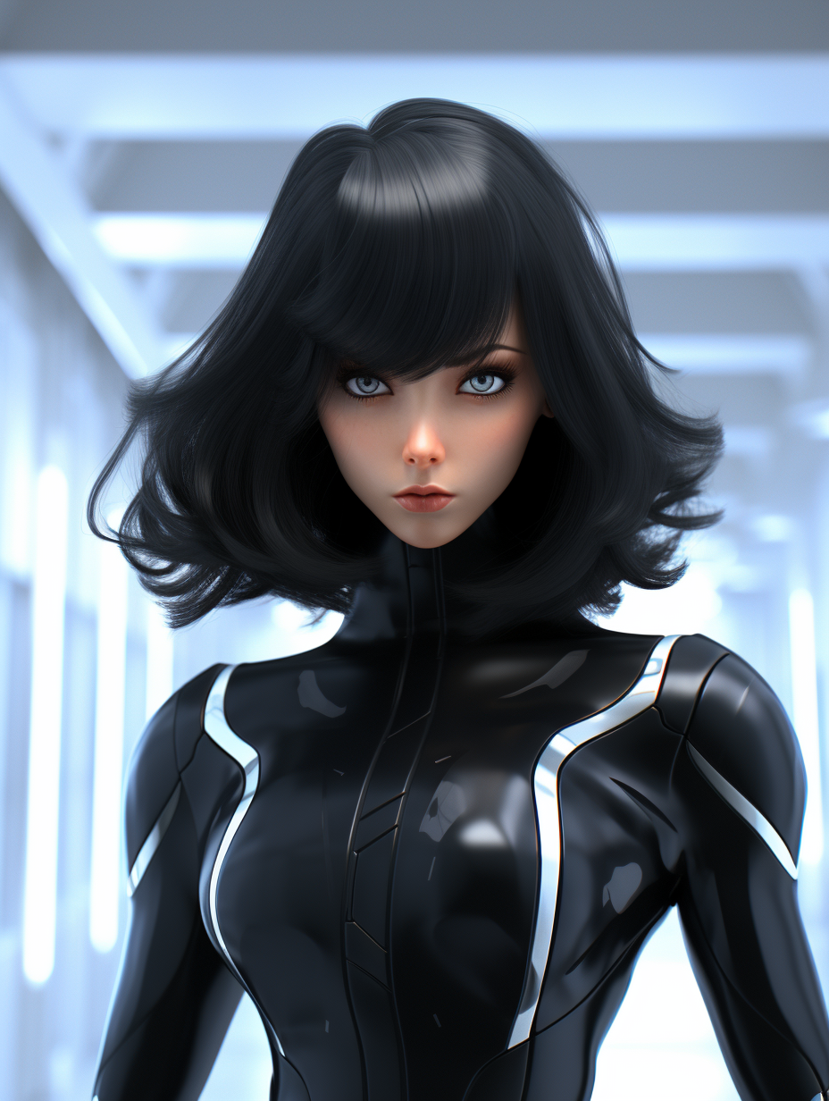 Beautiful femme fatale anime hero in 3D and claymation