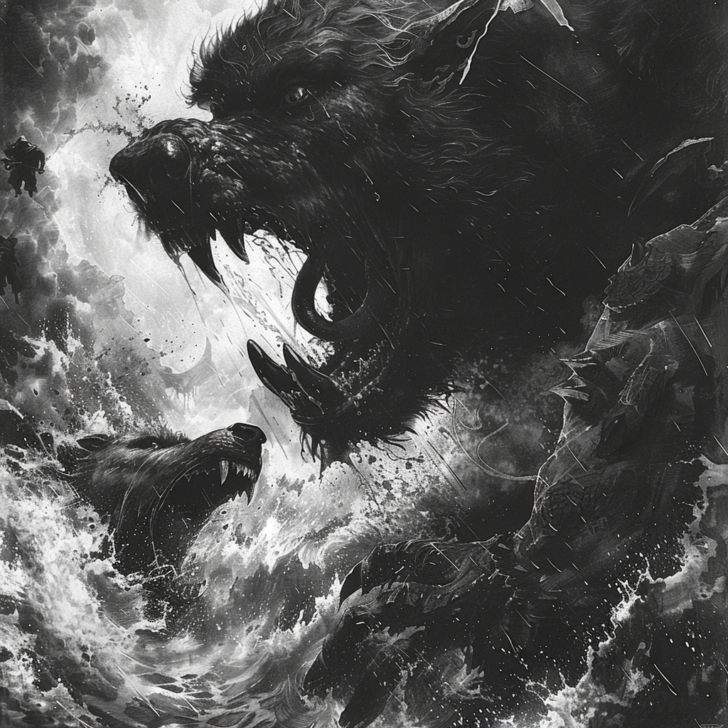 Fenrir and Jormungandr battle illustration