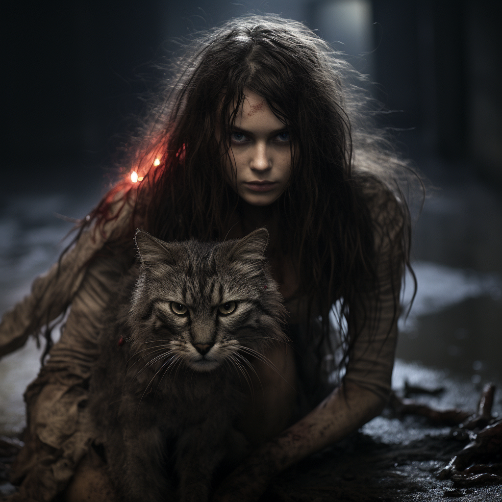 Feral woman cat in realistic horror movie scene