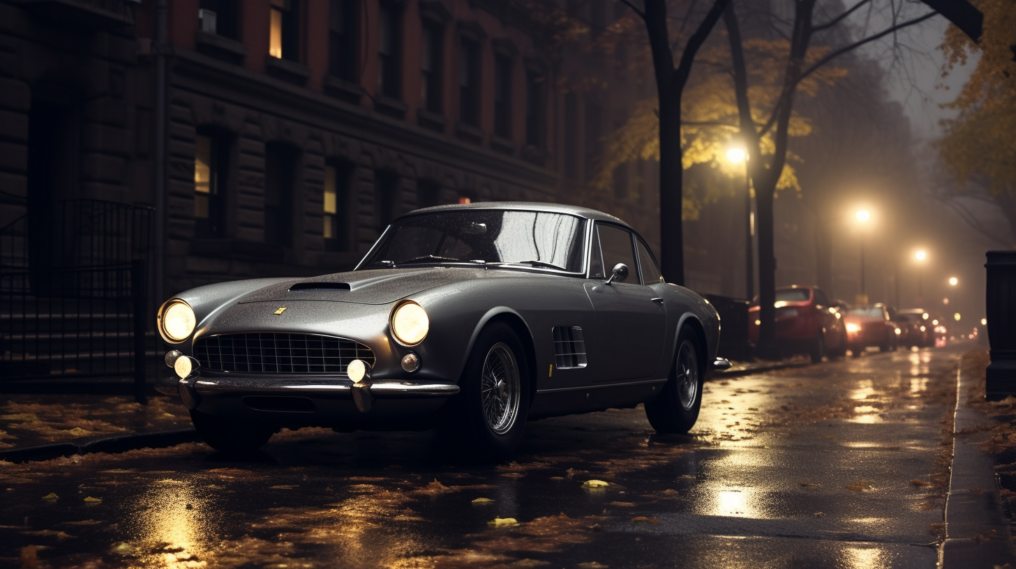 Beautiful woman driving a classic Ferrari at night