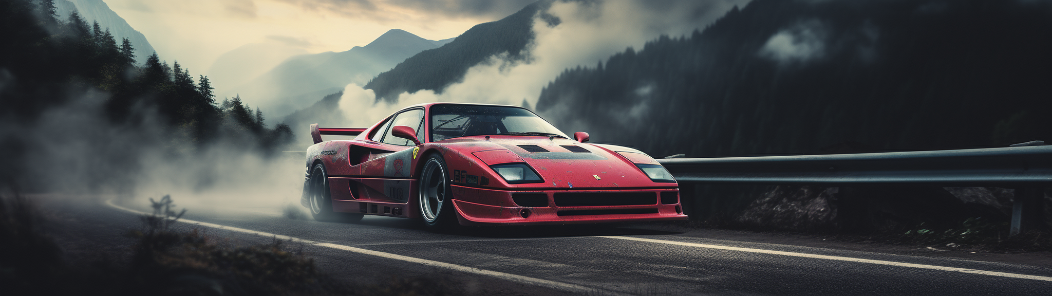 Ferrari F40 creating vaporwave smoke while drifting