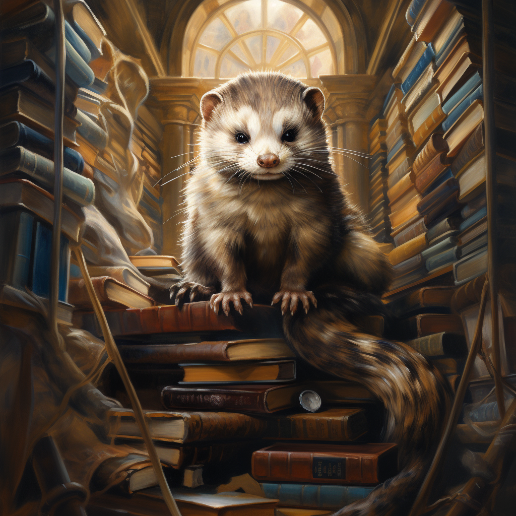 Brown Ferret with Blue Stripe in Library