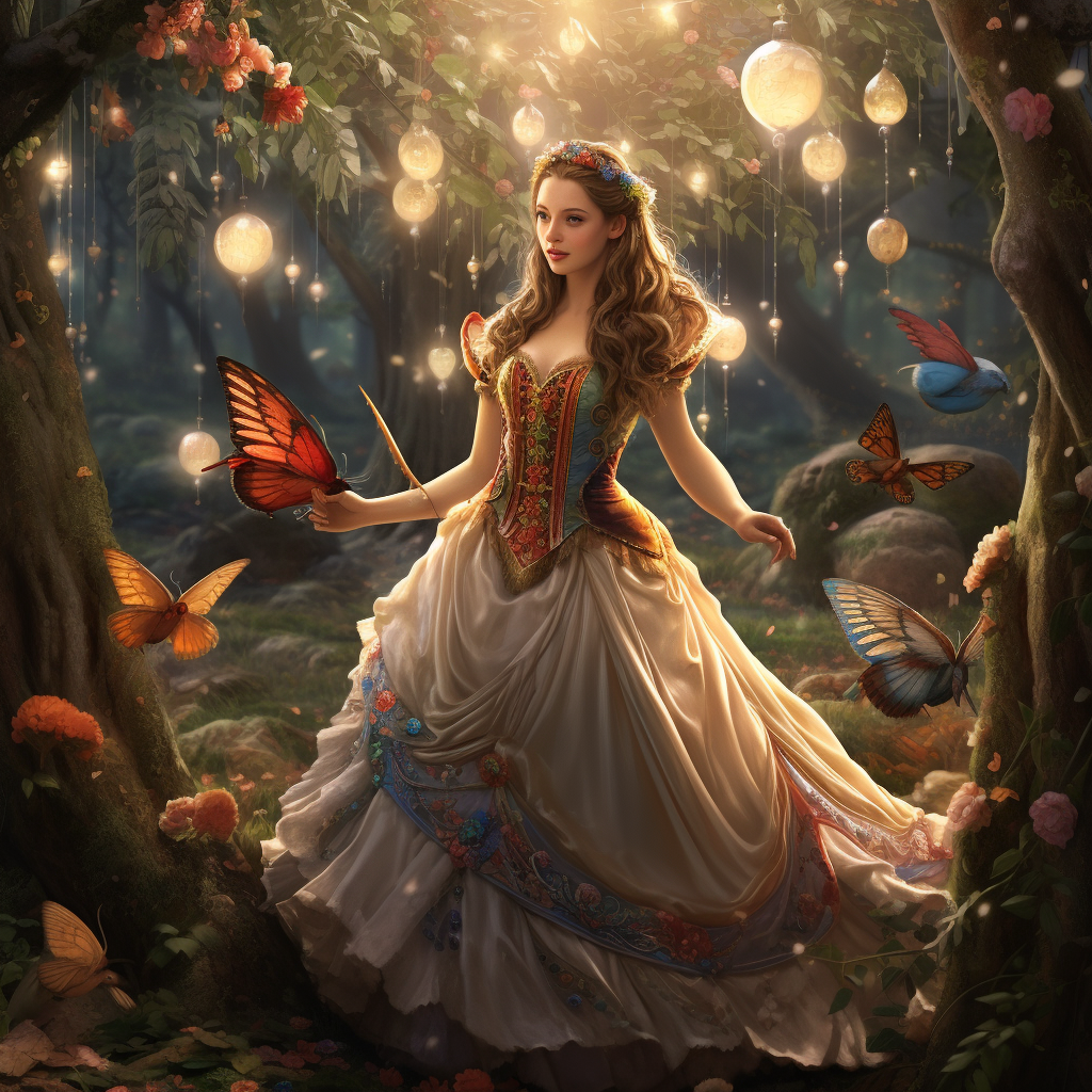 Princess in enchanted forest with animals and fairies