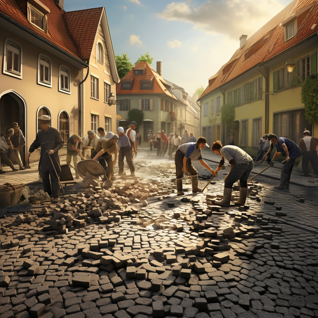 Adults removing paving stones in festive celebration