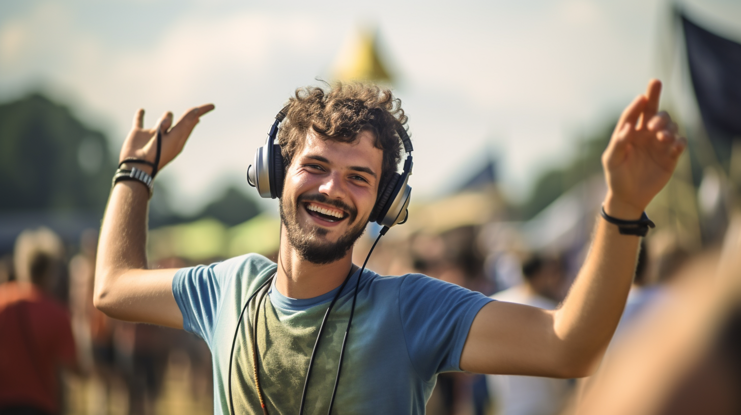 Guy enjoying dancing at festival with ear protection