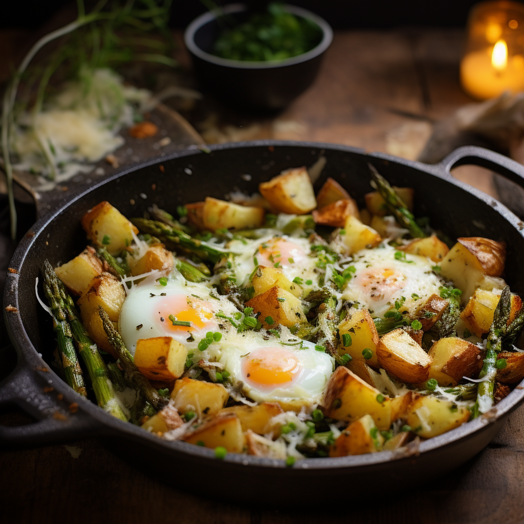 Roasted Asparagus and Potato Hash with Baked Eggs