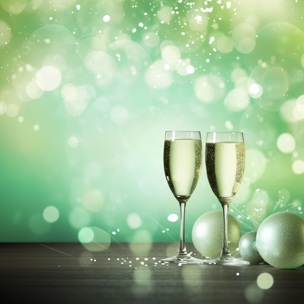 Birthday background with bright green colors and champagne