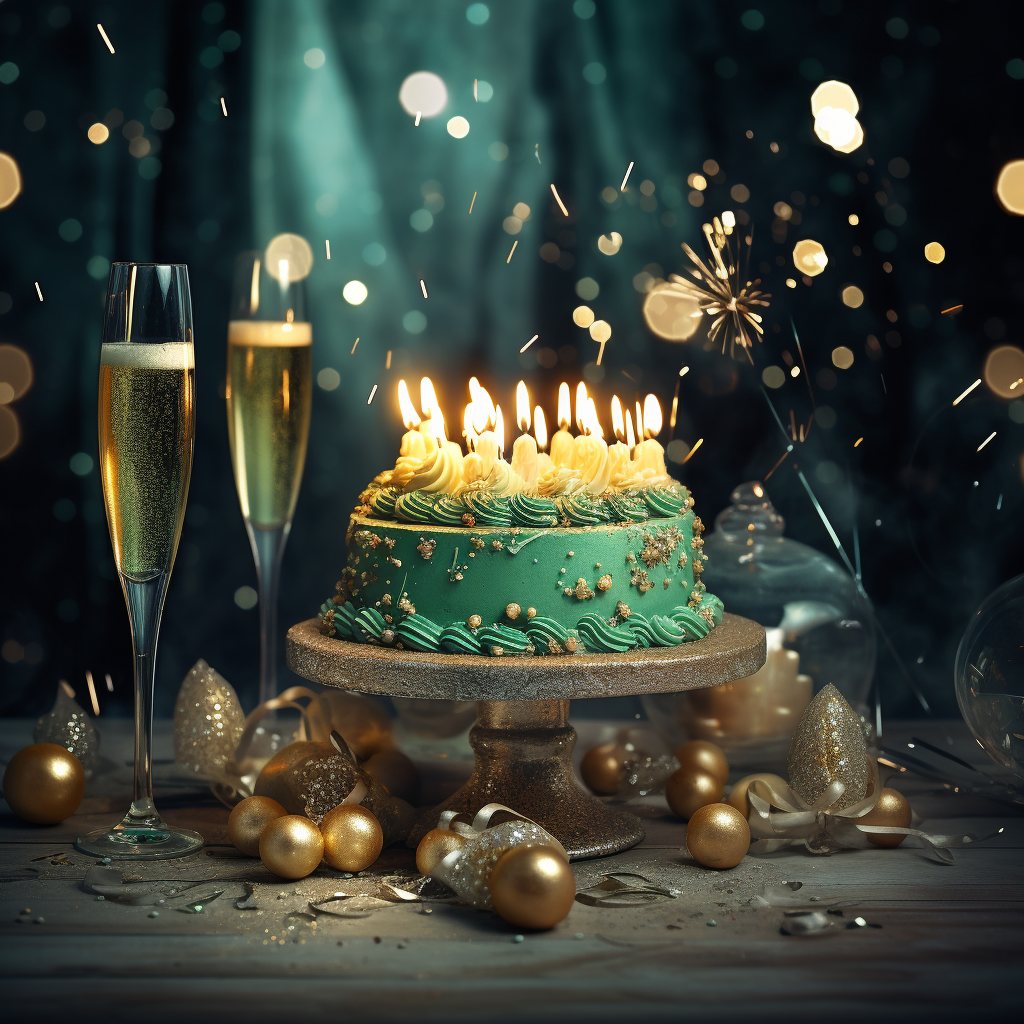 Festive Birthday Background with Green Champagne Cake Candles